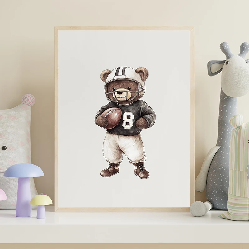 Vintage Teddy Bear Sport Watercolor Posters Basketball Hockey Soccer Canvas Printing Wall Art Picture for Living Room Home Decor
