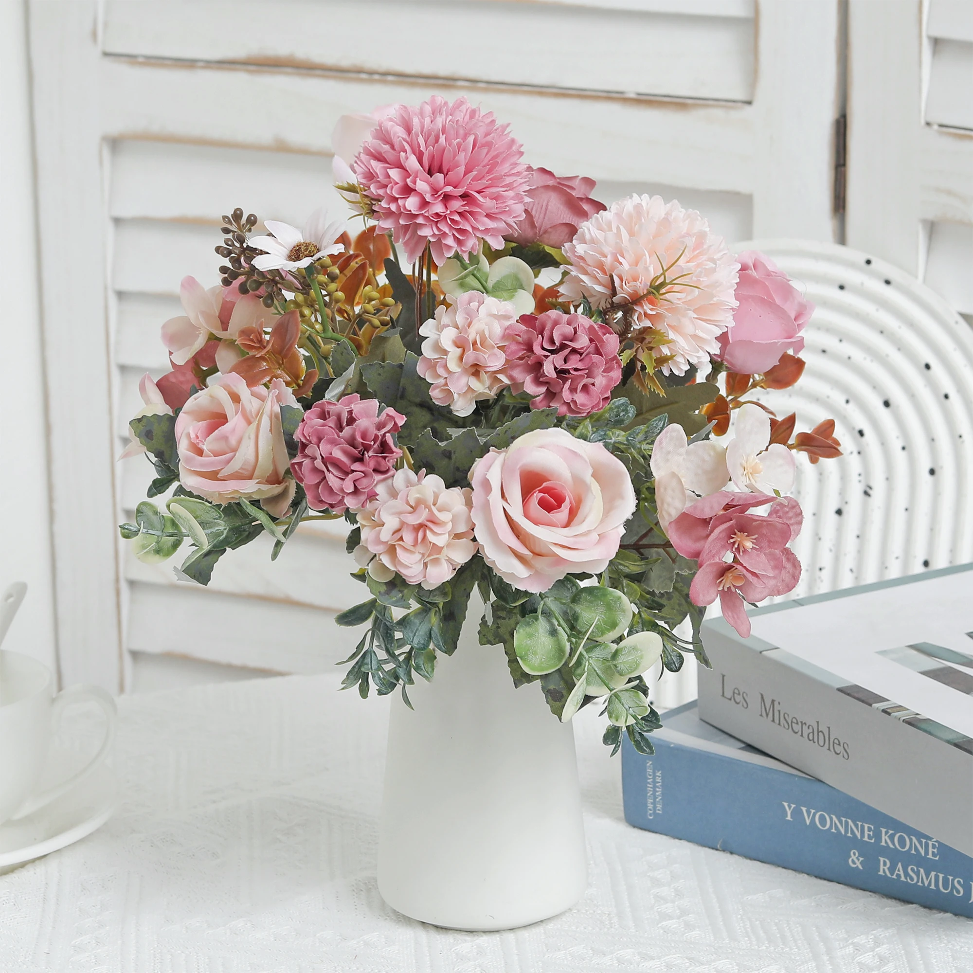 باقة الورد الفاوانيا الزهور الاصطناعية لزفاف العروس اكسسوارات الديكور طاولة غرفة المنزل الحرفية زهرة الهندباء الكوبية