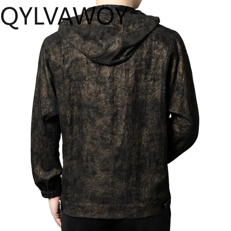 QYLVAWOY 100% Pure Mulberry Silk Hooded Jacket for Men Gambiered Casual Shirt Outerwear Luxury Long Sleeve Shirts Top Coat 2026