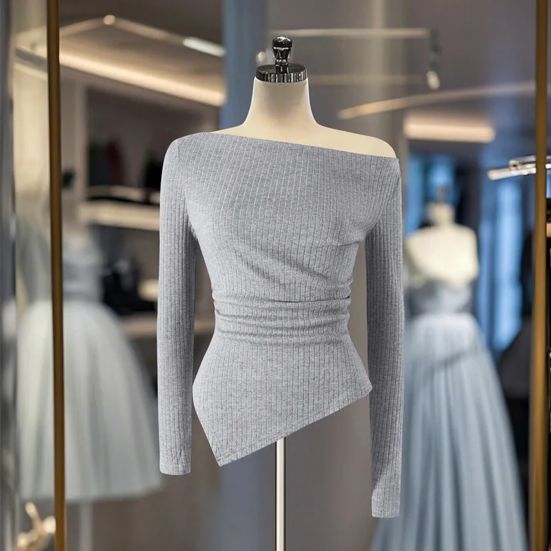 مزاجه محبوك سترة 2025 الخريف جديد رمادي خارج الكتف بأكمام طويلة ملابس نسائية #4