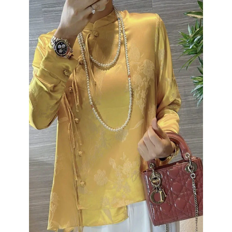 Chinese Style 2024 Autumn New Women\'s Stand Collar Button Tassel Embroidery Blouse Elegant Loose Long Sleeve Asymmetrical Shirt