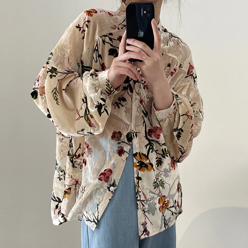 Johnature Spring Summer New Korean Vintage Court Style Velvet Print Shirt 2024 Loose Casual Jacquard Floral Women Blouses