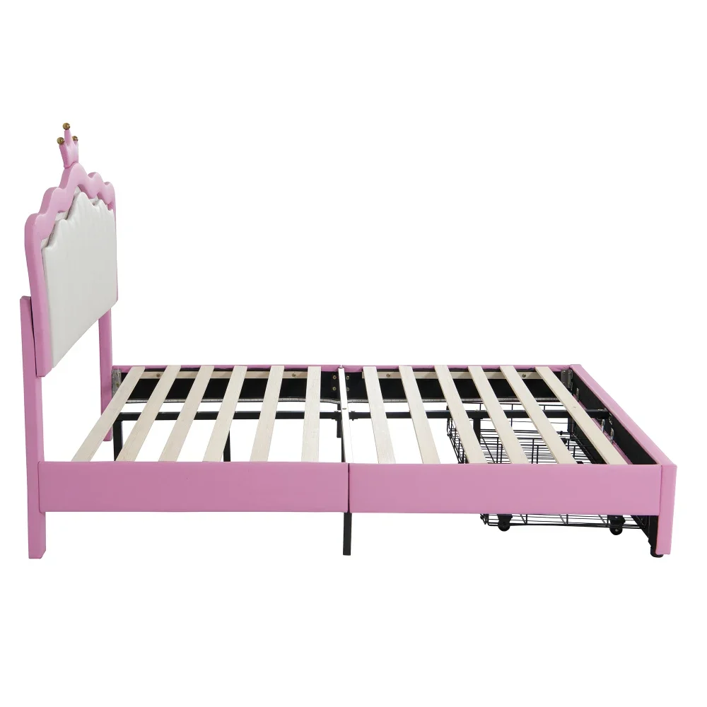 Groot gestoffeerd bedframe met LED-verlichting, modern gestoffeerd prinsessenbed met kroonhoofdeinde, 2 lades, roze stapelbed voor kinderen