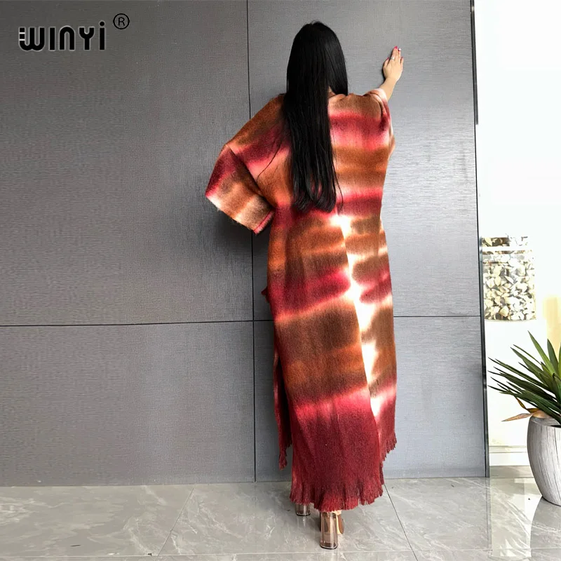 WINYI Winter tie-dye Open Front Loose Kimono  Luxury Loose cardigan Thick Warm Female long down coat for women Middle East abaya