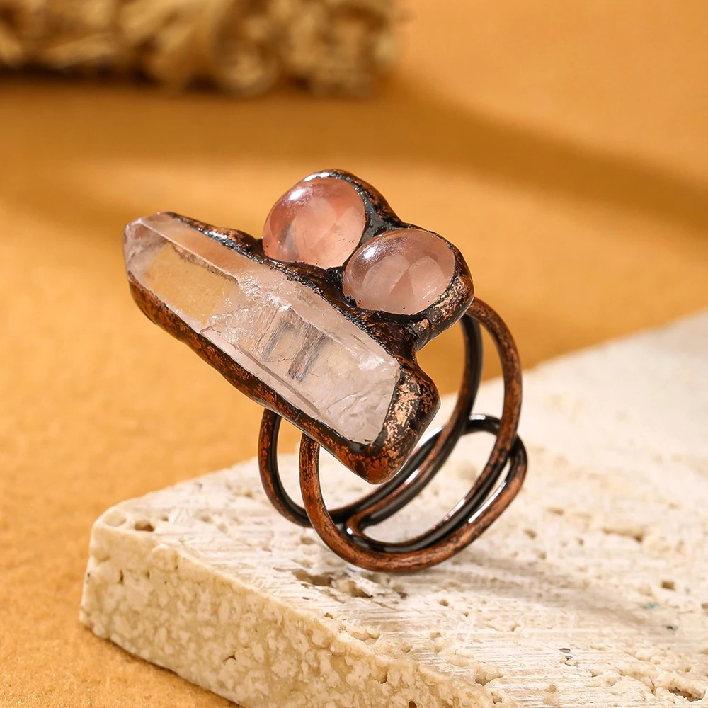 Vintage Antique Bronze Plated Natural White Crystal Rings Hexagonal Pink Quartz Handmade Adjustable Open Ring Boho Jewelry Gift