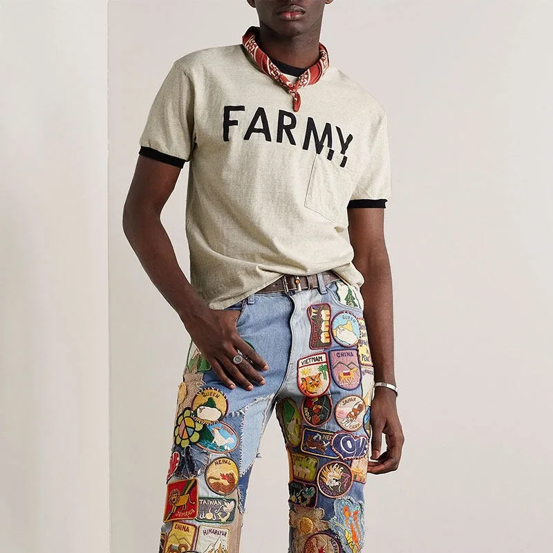 KAPITAL 24SS Kazuhiro Hirata Japanese Casual Loose Color Blocked Letter Printed Chest Pocket Short Sleeved T-shirt