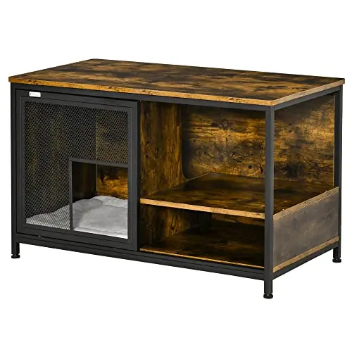 Wooden Cat Crate, Furniture Style Dog Cage, Puppy Kennel Indoor, End Table Pet House with Cushion and Sliding Doors