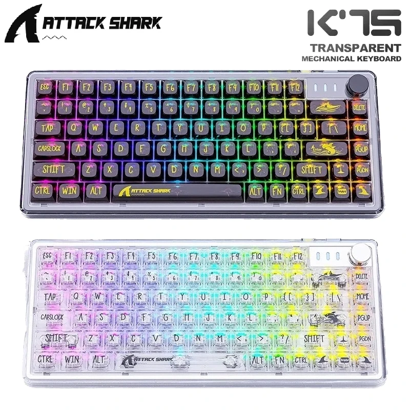 Attack Shark K75 Transparent Three Mode Mechanical Keyboard Full Key Hot Plug Rgb Lamp Effect Bluetooth Wireless Game Keyboard