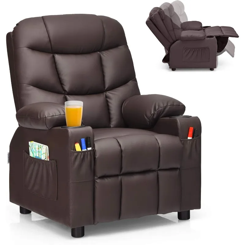 Kids Recliner Chair with Cup Holder, Adjustable Leather Lounge Chair w/Footrest & Side Pockets for Children Boys Girls Room