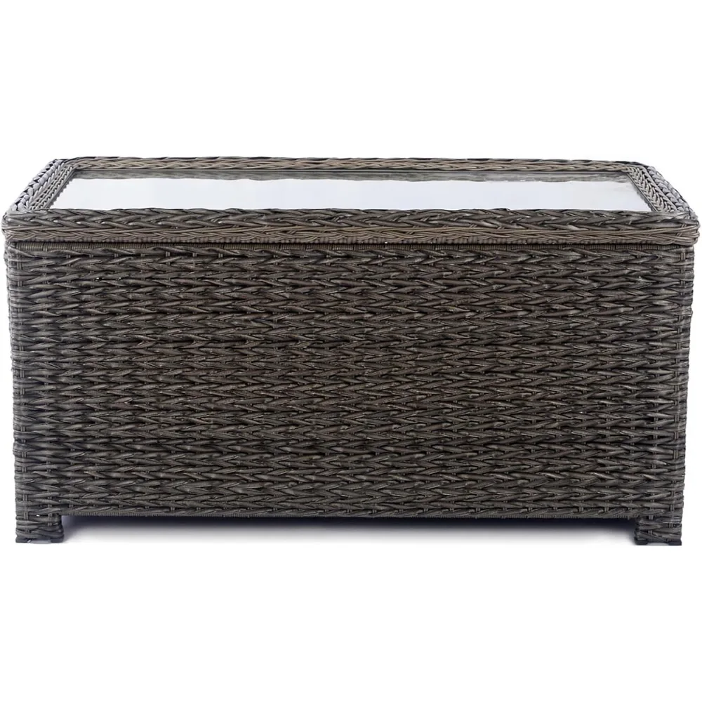 Classic Wicker Coffee Table with Storage, Hand-Woven HDPE Rattan Outdoor Coffee Tables, Tempered Glass Flip-Top,