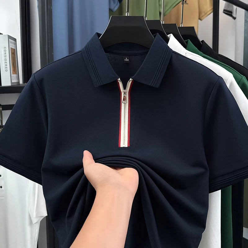 Good Quality Men Cotton Trendy Polo Shirt Summer 2025 Classic Solid Zipper Tops Male Business Cotton T-shirt Short Sleeved