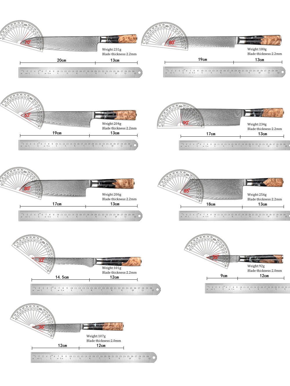 Damascus Steel Kitchen Knives 1-9PC Set XITUO Japanese Chef Knife Cleaver Bread Knife Resin and Wooden Ergonomics Handle Sharp