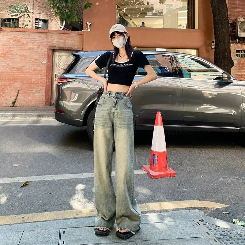 

Американские ретро свободные джинсы с высокой талией, тонкие джинсы, женские драпированные широкие джинсы, хлопковые эластичные джинсовые осенние длинные брюки