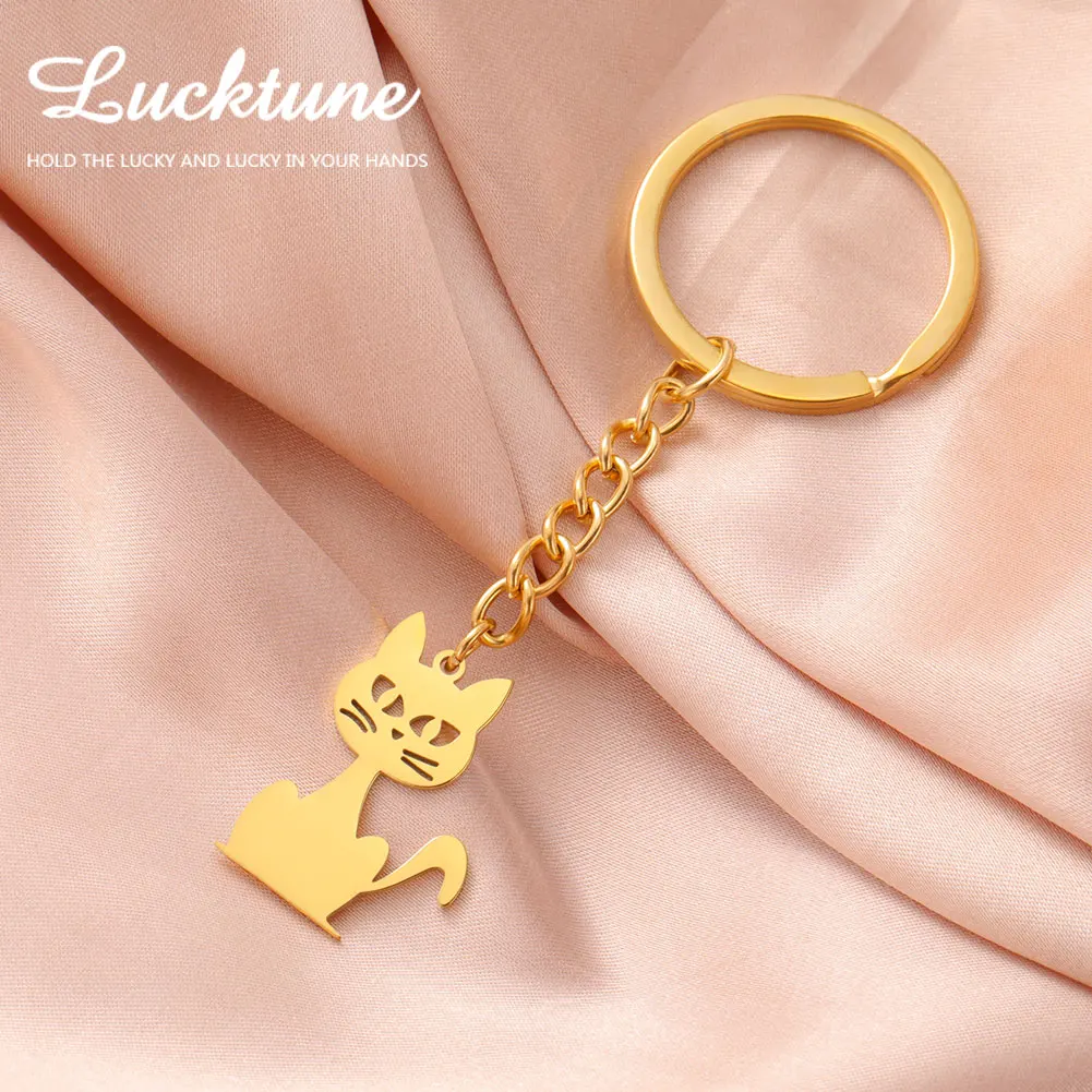 Lucktune Witch Cat Keychain for Women Stainless Steel Trendy Kitten Animal Charms Bag Car Amulet Keyring Jewelry Birthday Gifts