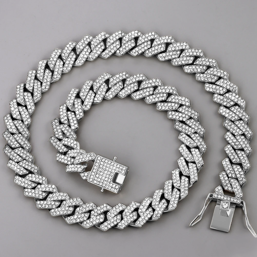 Hip Hop 14MM Prong Cuban Link Chain Necklace Men Women Iced Out Rhinestone Paved Rhombus Cuban Chain Necklaces Bracelet Jewelry