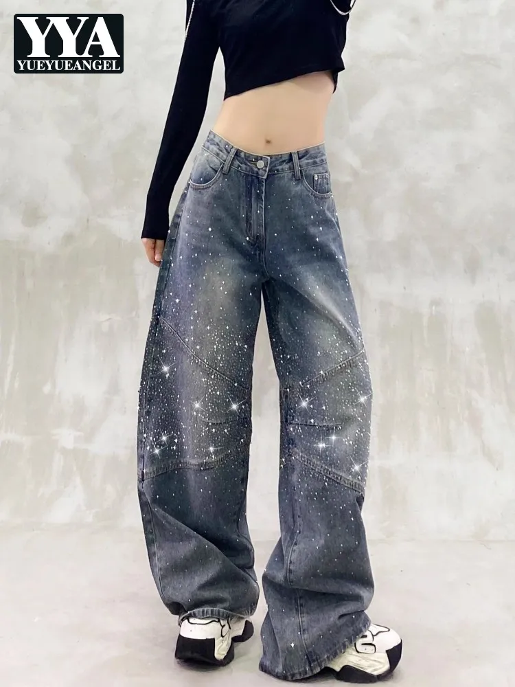 Diamond Shiny Design Autumn New Womens Jeans Floor Length Casual Denim Trousers High Waist Loose Straight Wide Leg Cowboy Pant