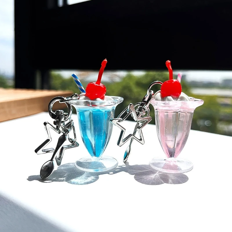 Cute Cherry Cream Cup Keychain Phone Strap Charm Pendant Anti-lost Backpack Decorations Creative Keyring for Car Keys or Bags