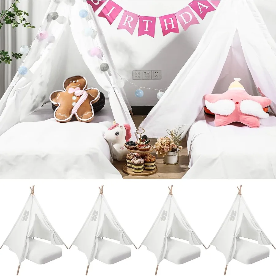 4 Pack Kids Inflatable Bed Teepee Tent Set, Includes 4 Portable Air Mattresses, Foldable Tents, and White Flat Sheets