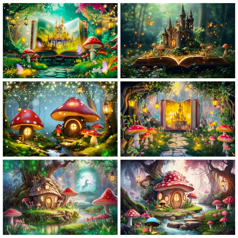 Fairy Tale Forest Mushroom House Backdrop Dream Wonderland Jungle Castle Elf Wisdom Book Kids Girls Birthday Party Photo Banners