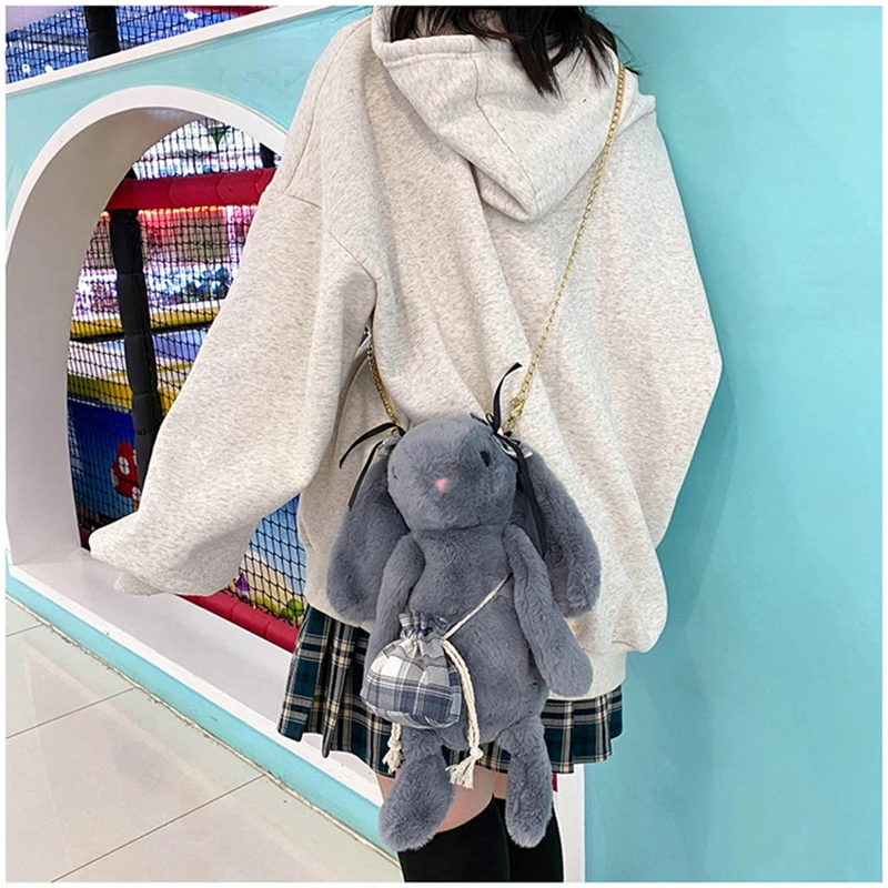 Kawaii peluş tavşan basit omuz çantası karikatür kabarık Crossbody çanta yaratıcı askılı çanta kız çocuklar sırt çantası