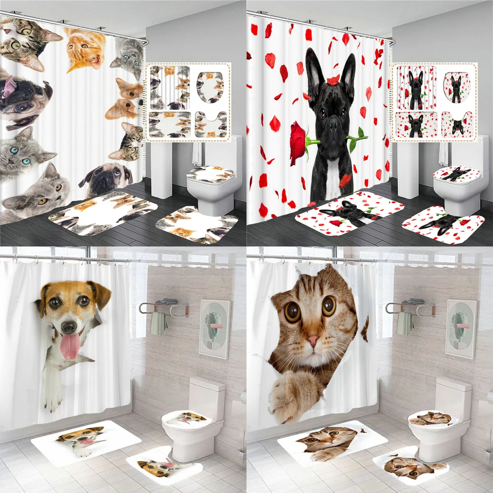

Lovely Cat Dog 3D Printed Shower Curtains Bathroom Curtain Set Funny Animal Bath Mat Toilet Lid Cover Anti-skid Rug Home Decor