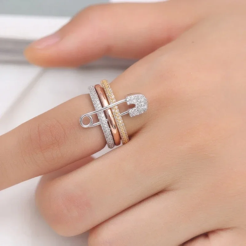 Fashion Stacked Pin Connection Three Layers Designer Ring for Women Personality Zircon Pin Ring Valentine's Day Gift Jewelry