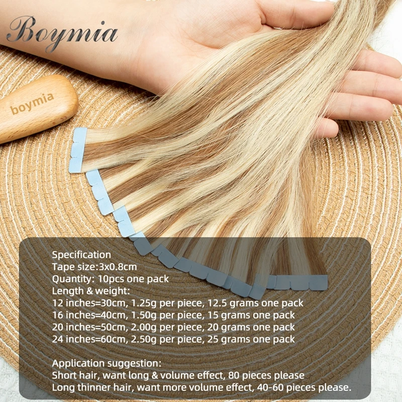 Ekstensi Rambut Pita Mini Lurus 12 "-24" Pita Perekat Tenun Kulit Tak Terlihat Rambut Manusia Rambut Alami Pirang untuk Wanita 10 Buah/Pak