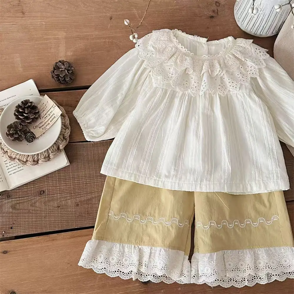 

2025 Spring New Baby Long Sleeve Clothes Set Solid Infant Girl Lace Collar Loose Tops + Wide Leg Pants 2pcs Suit Toddler Outfits