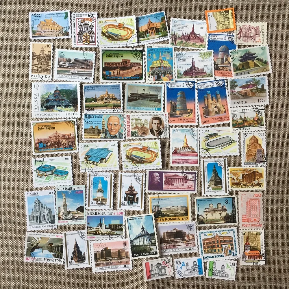 50Pcs/Set Architecture Building All Different From Many Countries NO Repeat with  Postmark Postage Stamps for Collecting