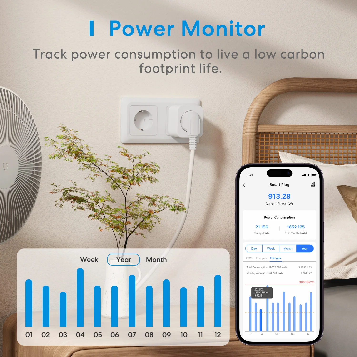 Meross-enchufe inteligente WiFi con Monitor de energía, enchufe de pared con temporizador, Control por voz, para Alexa, asistente de Google,