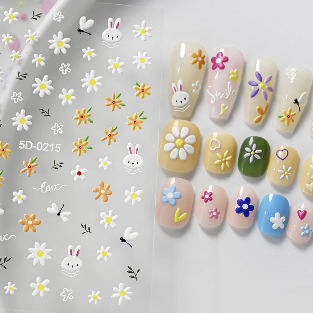 1szt 2025 Nowe naklejki na paznokcie 5D Daisy Flower Purple White Floral Cute Little White Rabbit Emboss Nail Decal Plant Manicure Decor
