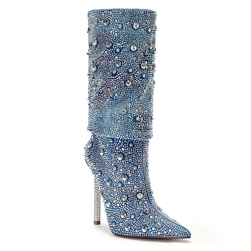 

Denim Blue Hot Rhinestones Pointed Toe Stiletto Boots Woman Winter 2024 Slip On Rhinestone Heels Mid-Calf Boots Fashion Shoes