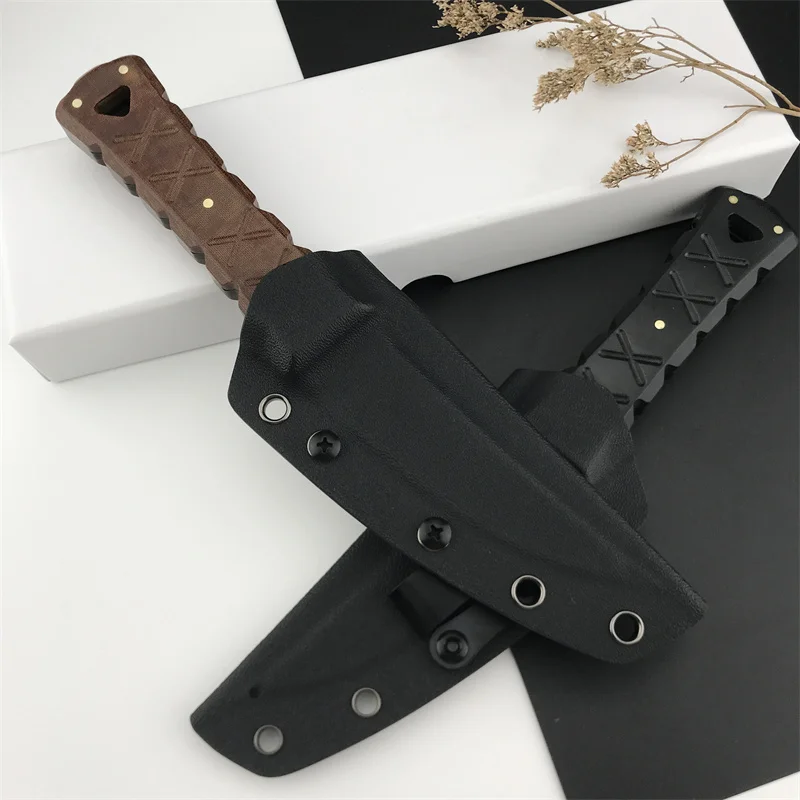 Outdoor Tactical Hunting Self-defense Rescue EDC tool, vacuum titanium plating process blade brown linen/black G10 handle