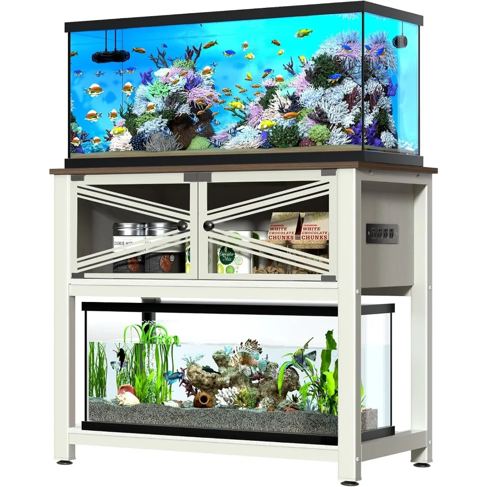 

40-50 Gallon Aquarium Stand with Heavy Duty Metal Frame, Fish Tank Stand with Power Outlets, Two Glasses Door Storage Cabinet