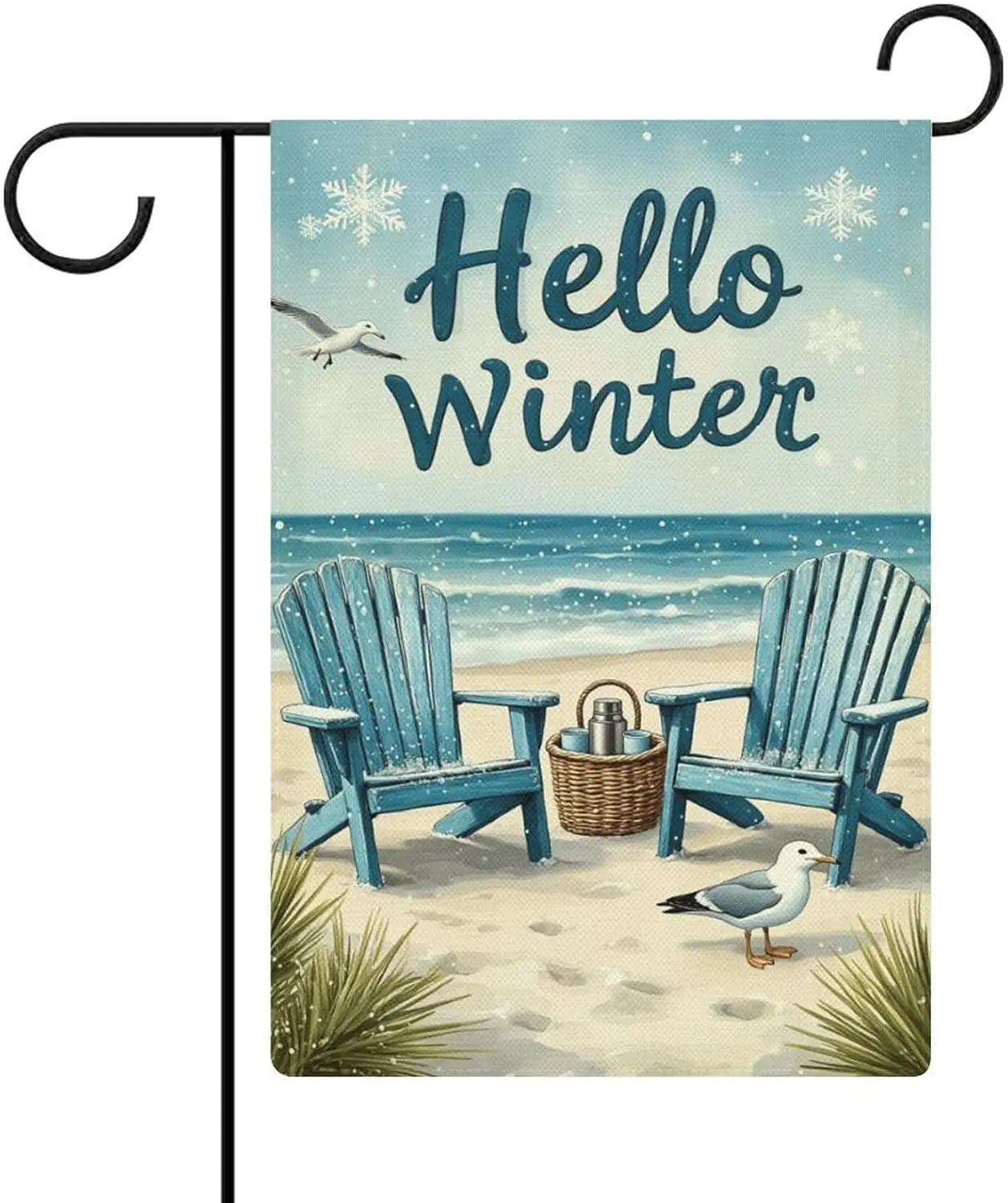 Hello Winter Beach Scene, Snowy Beach with Chairs And Seagull Decoration Garden Flag, Festive Outdoor Decoration, Double-sid IIC