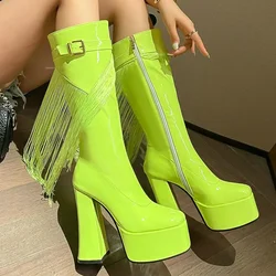 Bright Neon Yellow Color Patent Leather Charm Women Winter Shoes Platform Block High Heels Knee-high Boots With Fringes Tassel