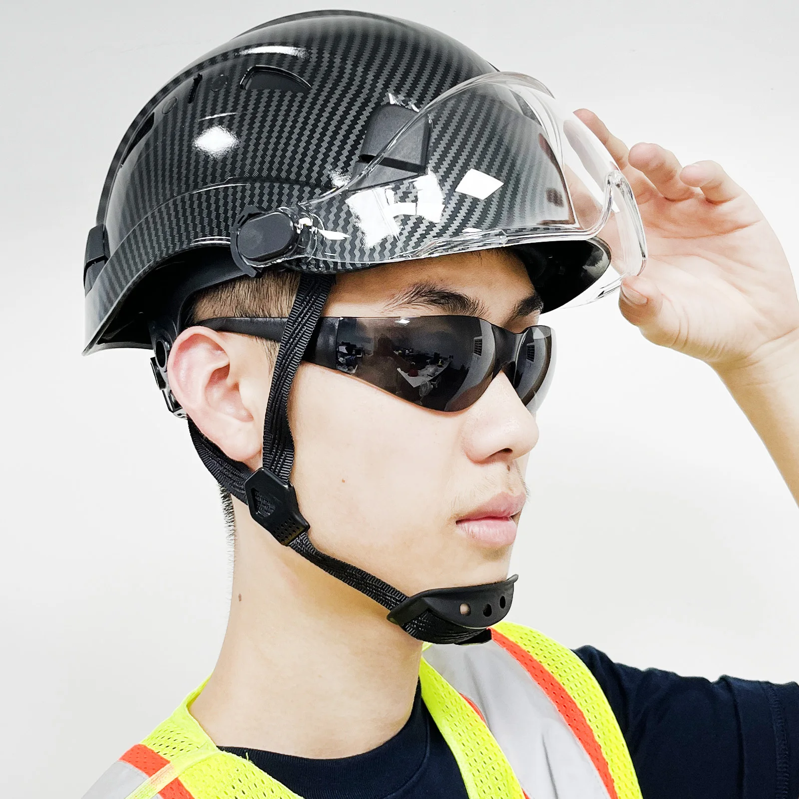 Casco de seguridad con patrón de fibra de carbono, visera con gafas, trabajo Industrial, construcción, sombreros duros, CE EN397, ABS, gorras para ingeniero