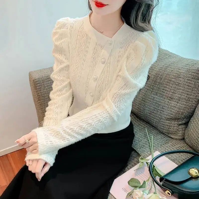 

Bubble Hairy Lace Bottom Shirt For Women S New Style Splicing Round Neck Button Fashion Solid Color Long Sleeve Top
