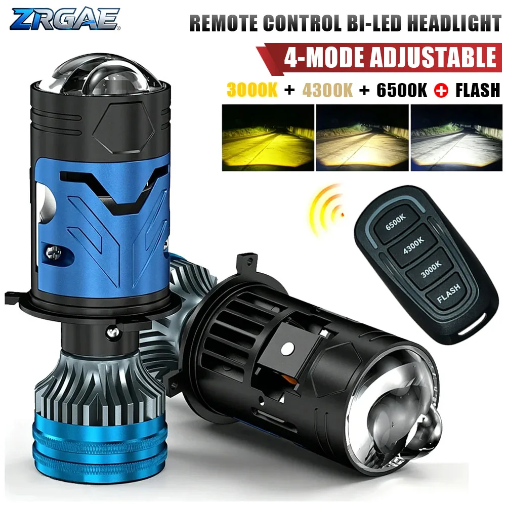 LED H4 Projector Lens Headlight Bulb CANBUS Remote Control Tri-Color 3000K 4300K 6500K Turbo LED Car Hi/Low Beam Motorcycle Lamp