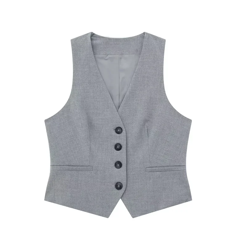 BWQ Grey Cropped Vest Women V Neck Sleeveless Vest Woman Fashion Summer Women's Suit Vest Top Button Short Coats Waistcoat