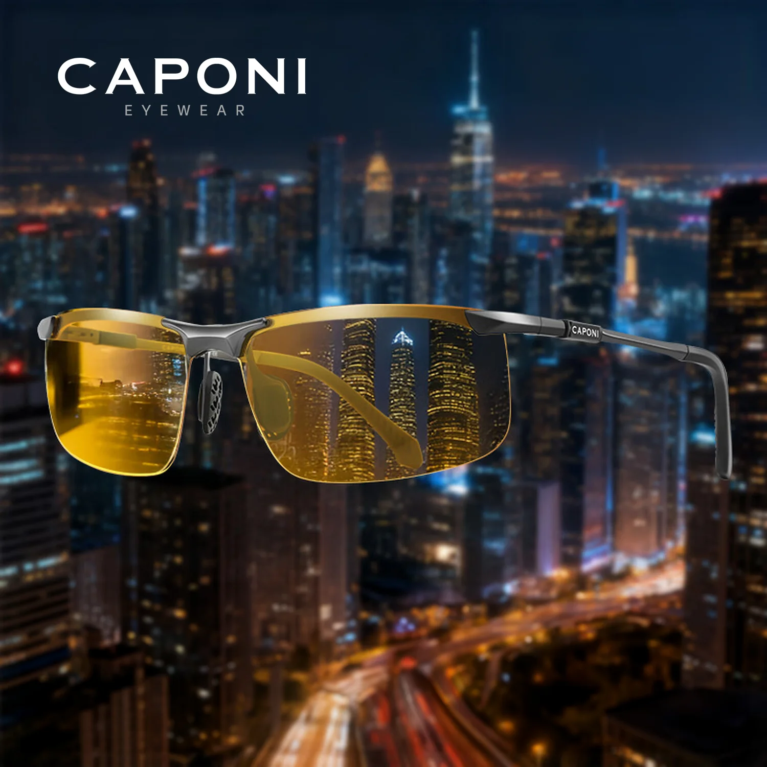 CAPONI Night Vision Men Sunglasses Sports Outdoor Night Driving Photochromic UV400 HD Sun Glasses Protect Yellow Shades BSYS3066