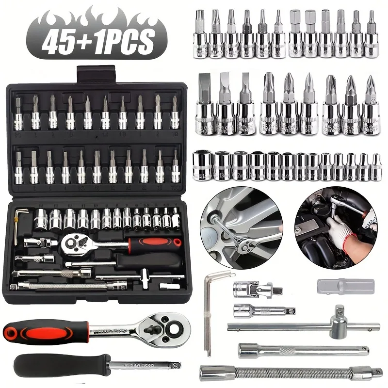 

2025 New 46-piece Auto Repair Combination Ratchet Wrench Toolbox, Auto Maintenance Vehicle-mounted Socket Repair Set