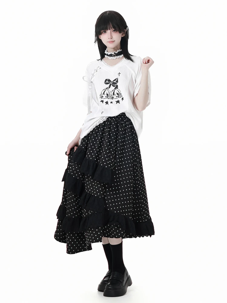 2025年夏 ハイストリート ドット柄 ロングスカート ファッション 多用途 伸縮性 ハイウエスト Aライン フリル スプライシング イレギュラー ブラック スカート レディース