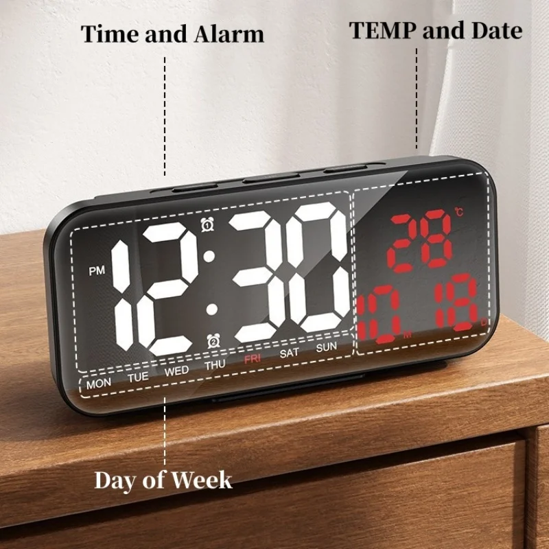 USB-betriebener digitaler Wecker TEMP Datum 2, Alarm, Timing, Countdown, Schlummer-Tischuhr, 12/24 Stunden, automatisch dimmbare LED-Wanduhr – Detail 10