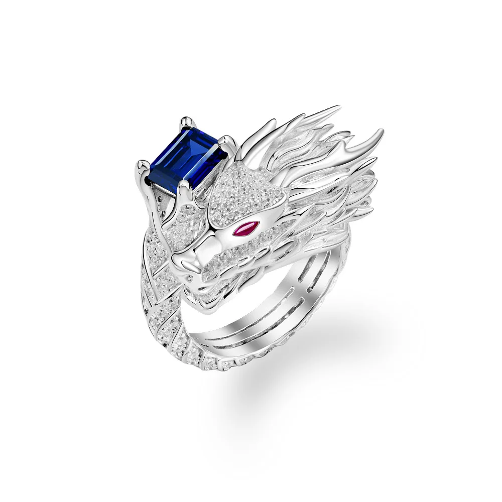 

New 925 Silver European and American High-end 2ct Ring Rectangular 6 * 8 Cultivated Blue Treasure Ring Wedding Jewelry