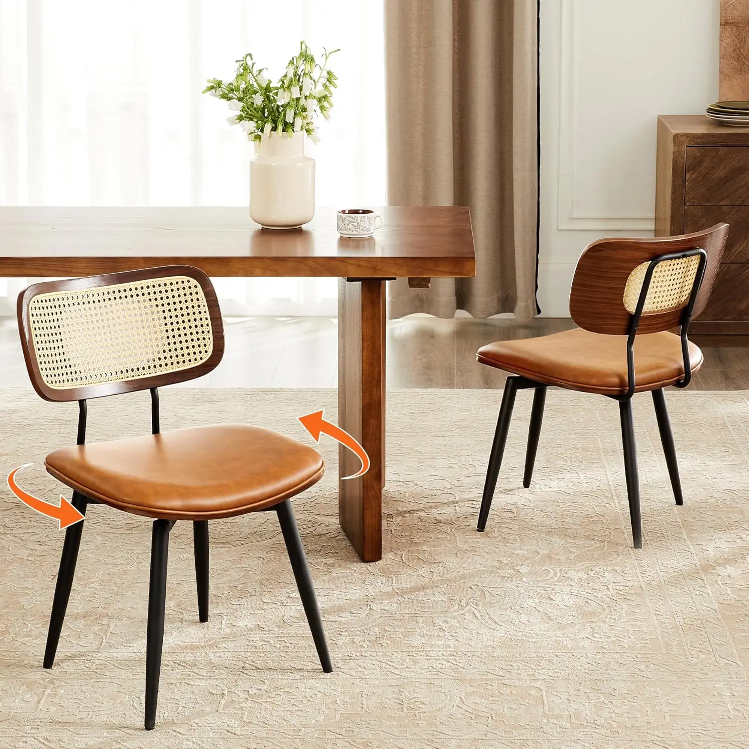 #Swivel Dining Chairs with Rattan Back, Modern Brown Leather Dining Chairs Set of 2, Swivel Dining Room Chairs Kitchen, Custom