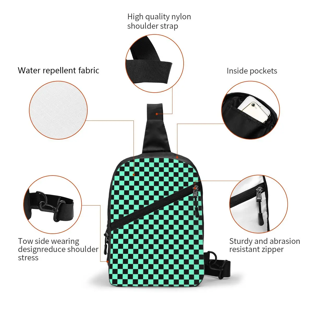 Custom Fashion Checkerboard Pattern Sling Bag Traveling Men Mint Green And Black Plaid Chest Crossbody Backpack Shoulder Daypack