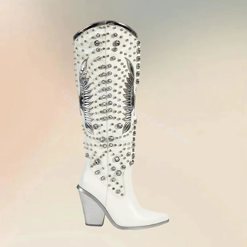 

White Crystal Totem Print Pointed Toe Boots Side Zipper Women Shoes Chunky High Heels Novel Party Feast 2024 Zapatos Para Mujere