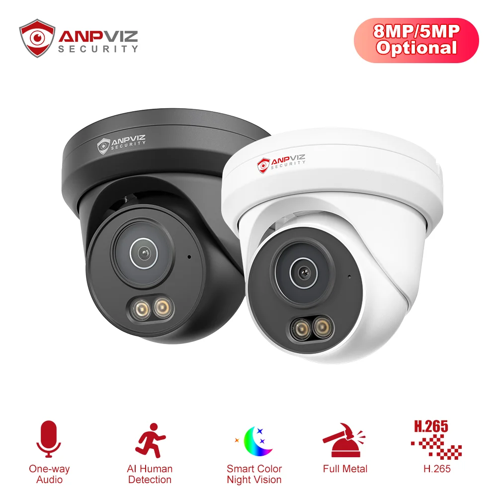 Anpviz 5MP/8MP Turret POE IP-Kamera für Außenbereich, Sicherheits-IP-Kamera mit KI-Menschenerkennung, Intelligente Doppelbeleuchtung, Eingebautes Mikrofon, Vollmetallgehäuse, IP66