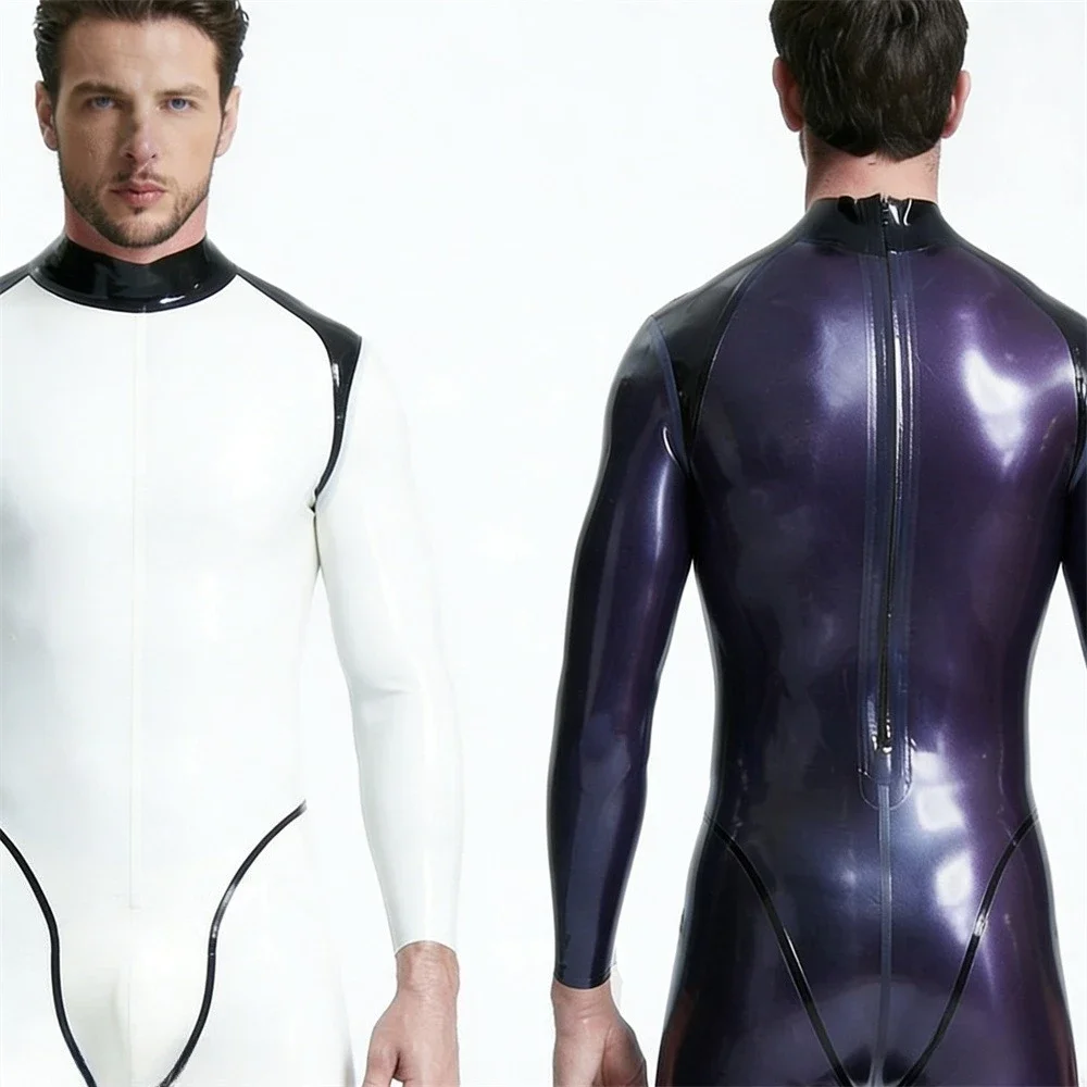 

White Purple Latex Zentai Suit Men's Back Zipper Full Body Handmade Rubber Bodysuit customized